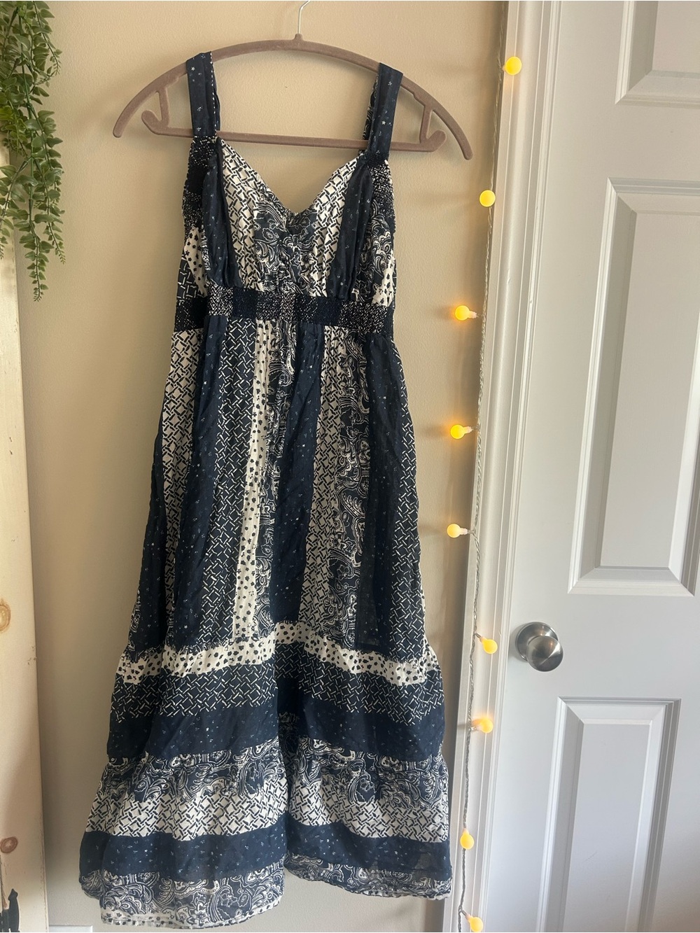 Sonoma Navy and White Patterned Maxi Dress with Tie Straps